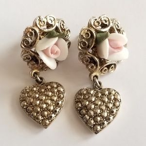 Vintage earrings pink rose and heart silver tone metal pierced post backs